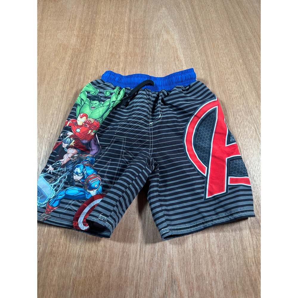Marvel Swim Trunks Kids Size 5/6 Black Avengers Graphic Board Shorts Striped